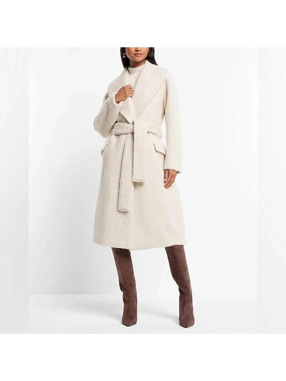 Express Cream Belted Wool-Blend Wrap Coat